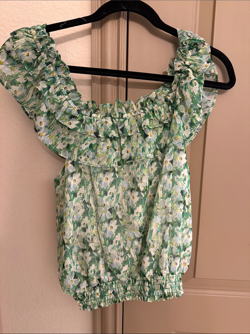 Lavender Brown Green Floral Ruffle Off-Shoulder Top